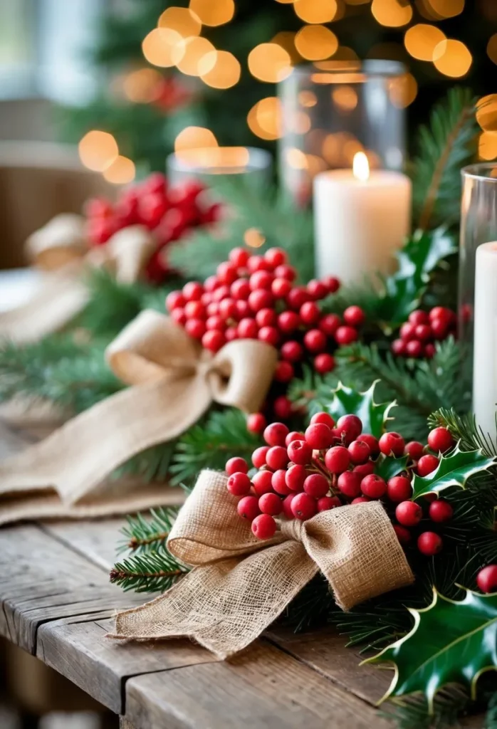 Burlap Ribbon and Berry Centerpieces