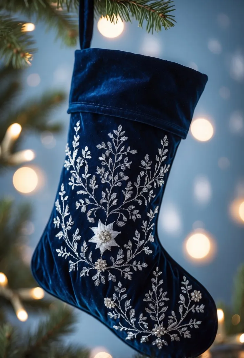 17 Creative Blue Christmas Stocking Ideas for Festive Home Decor 5 Navy blue velvet stocking with silver embroidery