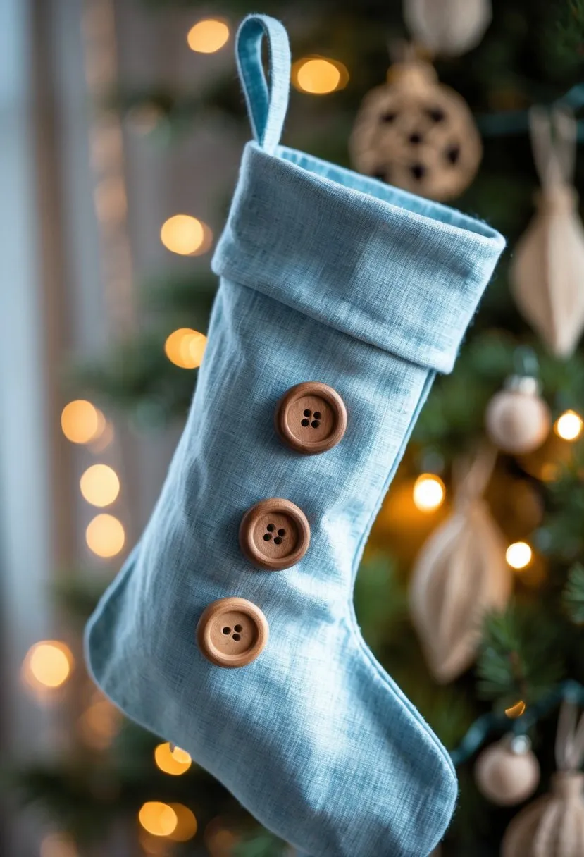 17 Creative Blue Christmas Stocking Ideas for Festive Home Decor 7 Light blue linen stocking with rustic buttons