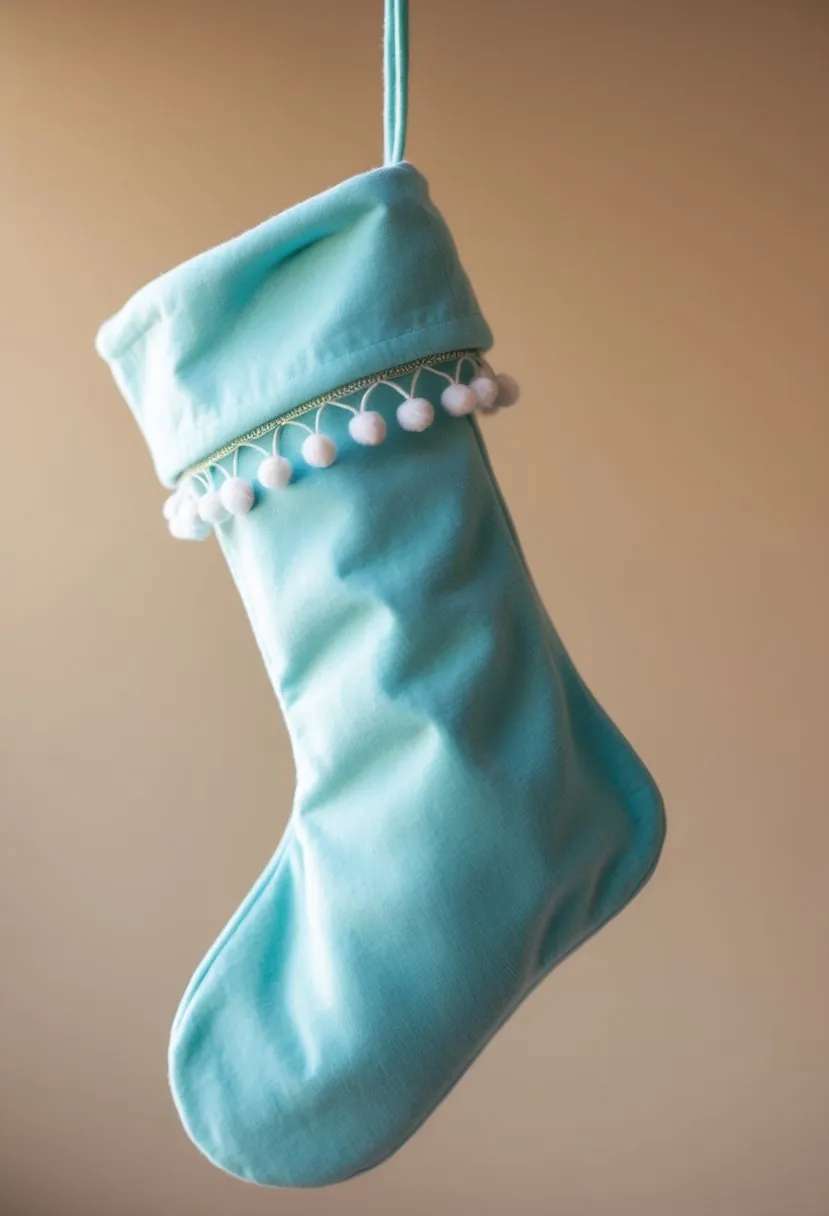 17 Creative Blue Christmas Stocking Ideas for Festive Home Decor 9 Soft pastel blue stocking with pom-pom fringe