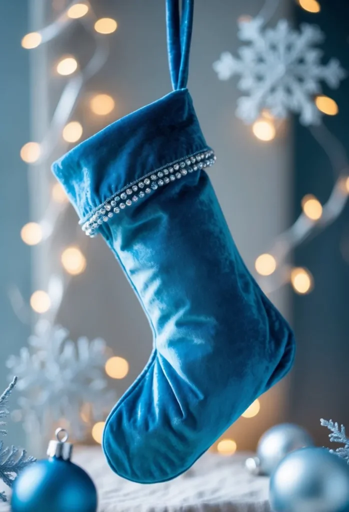 17 Creative Blue Christmas Stocking Ideas for Festive Home Decor 10 Icy blue stocking with frosted bead trim