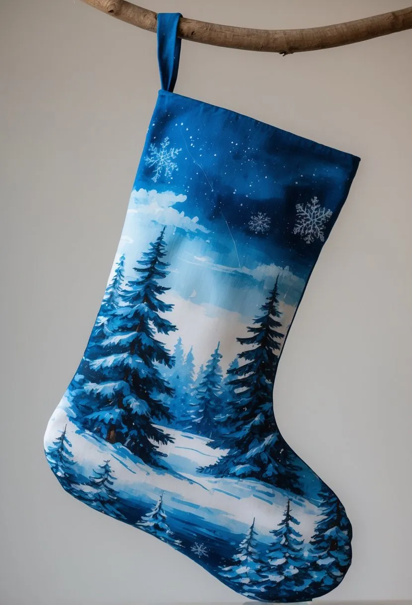 17 Creative Blue Christmas Stocking Ideas for Festive Home Decor 13 Hand-painted blue stocking with winter forest scene