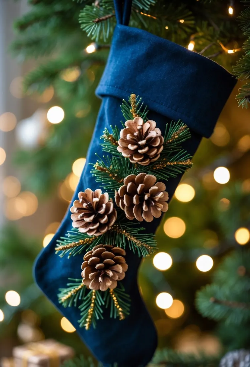 17 Creative Blue Christmas Stocking Ideas for Festive Home Decor 11 Dark blue stocking featuring pinecone appliqués