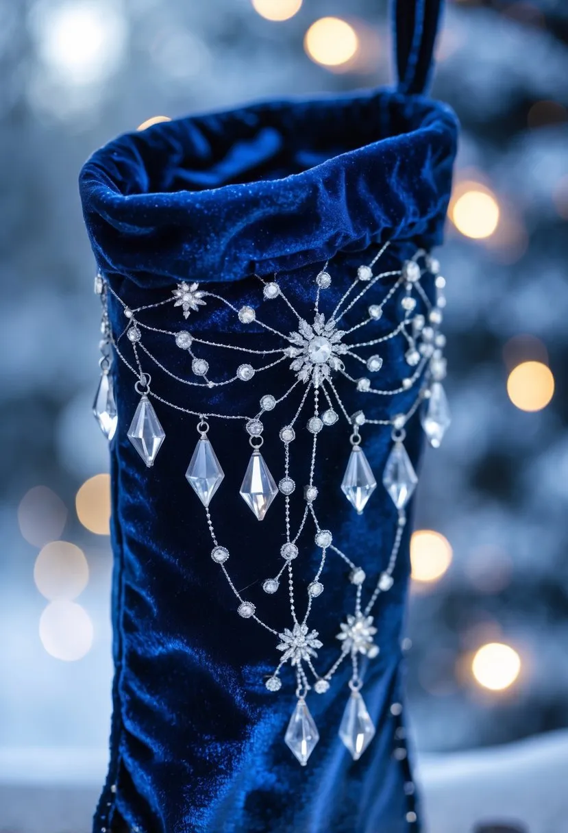 17 Creative Blue Christmas Stocking Ideas for Festive Home Decor 16 Shimmering midnight blue stocking with crystal beads