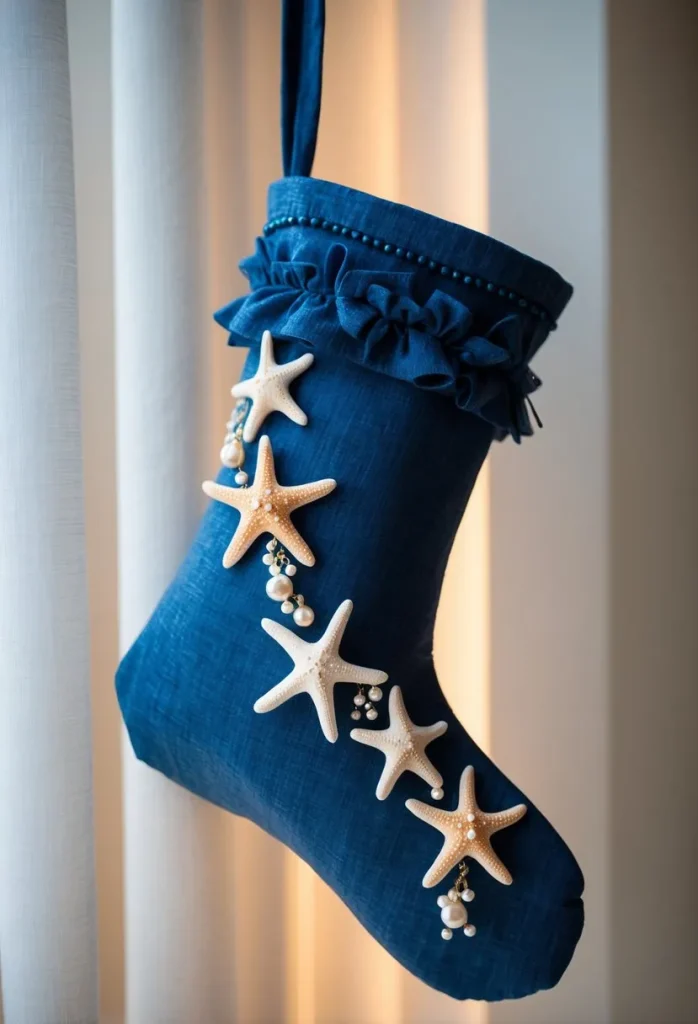 17 Creative Blue Christmas Stocking Ideas for Festive Home Decor 17 Blue stocking with coastal-inspired starfish embellishments