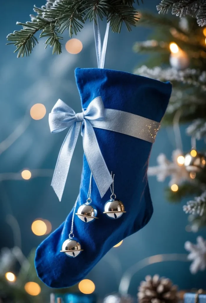 17 Creative Blue Christmas Stocking Ideas for Festive Home Decor 19 Blue stocking adorned with silver bells and ribbon