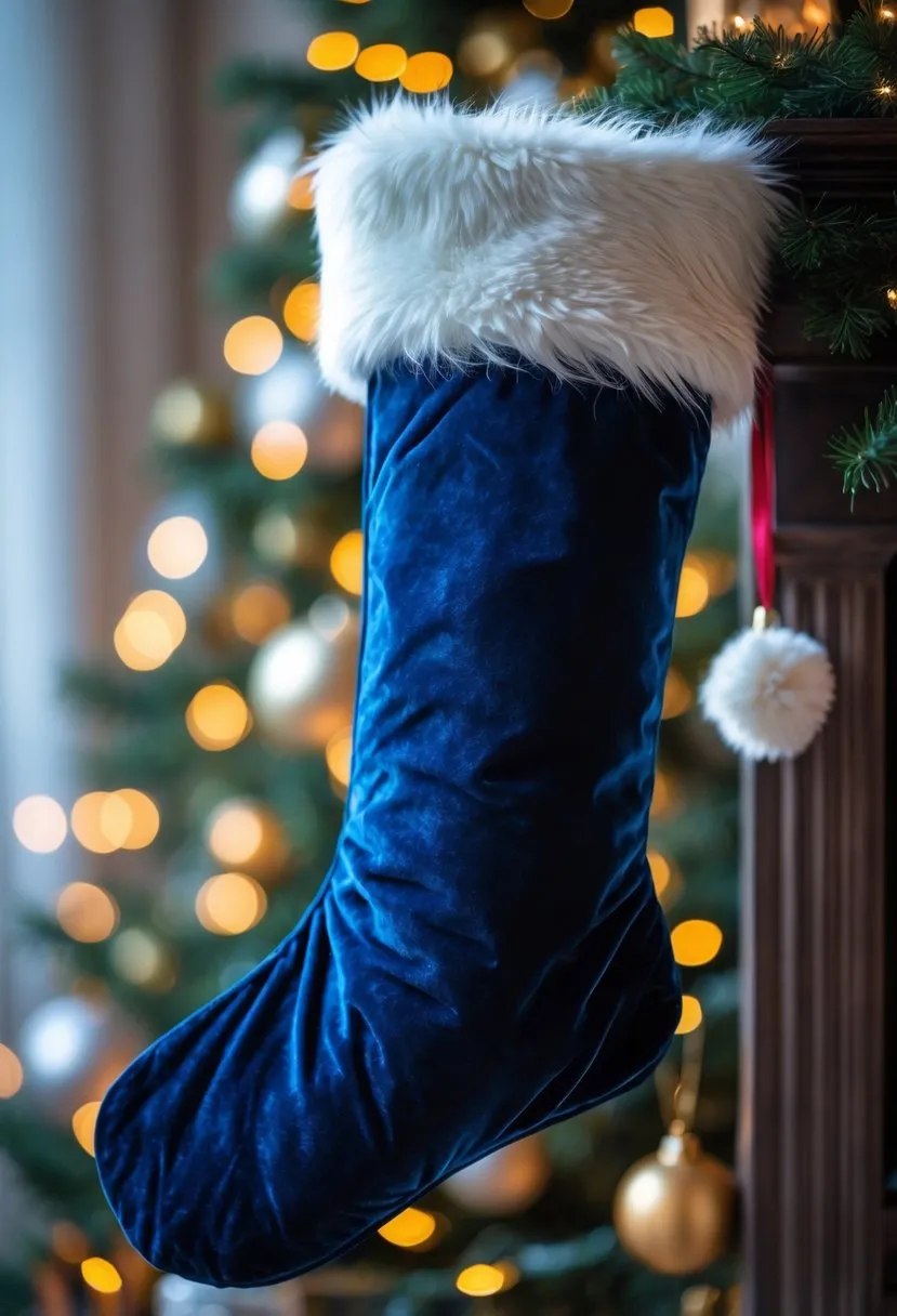 17 Creative Blue Christmas Stocking Ideas for Festive Home Decor 3 Classic velvet blue stocking with white faux fur trim