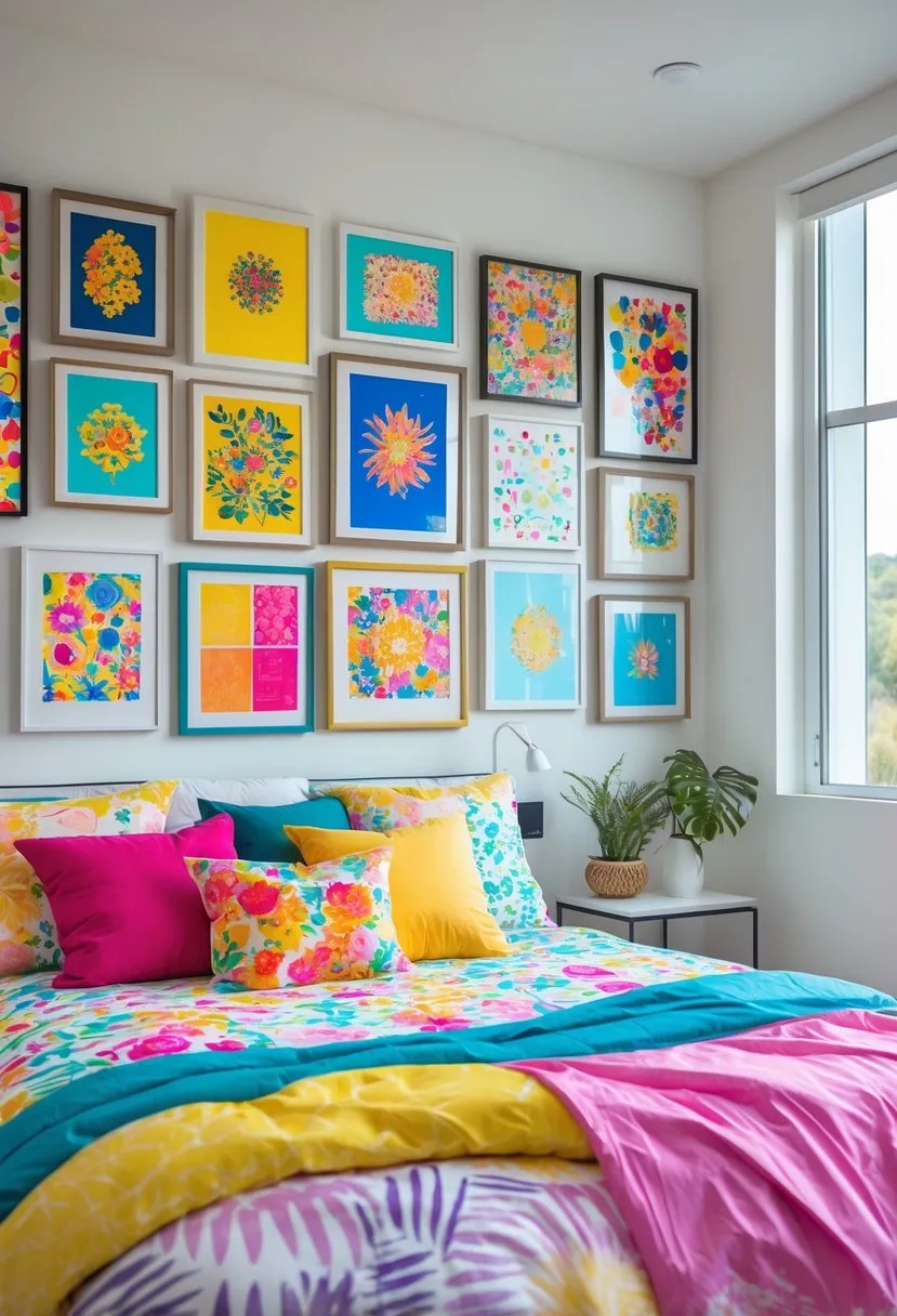 Gallery wall with colorful framed prints