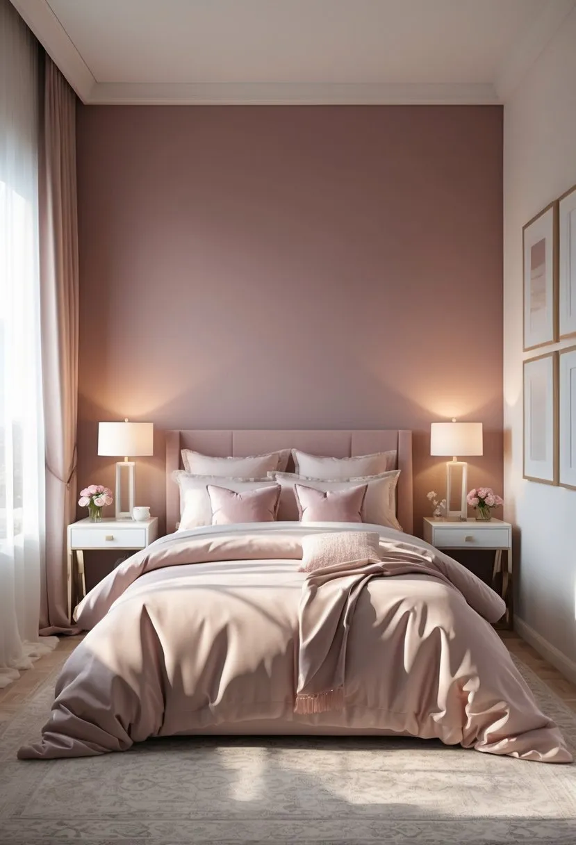 Matte dusky pink accent wall for warmth and luxury