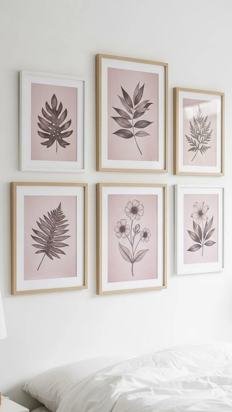 Framed botanical prints with muted pink details