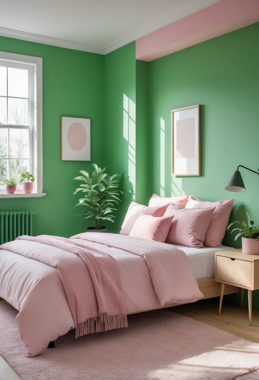 Pairing Green Walls with Pink Accents for Contrast