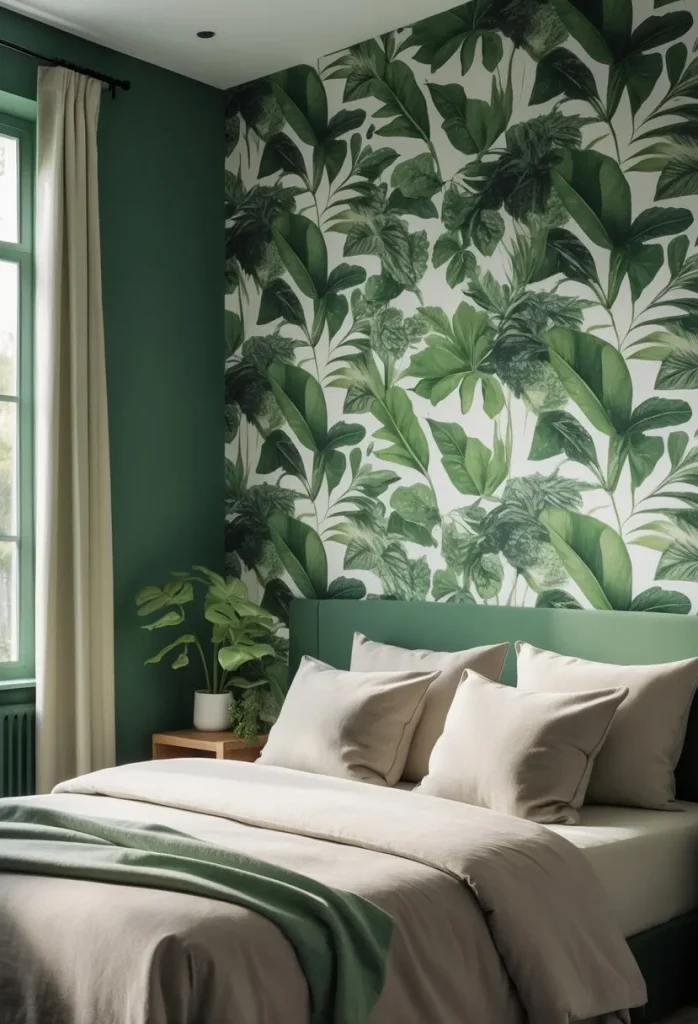 Leafy Botanical Wallpaper on Green Walls