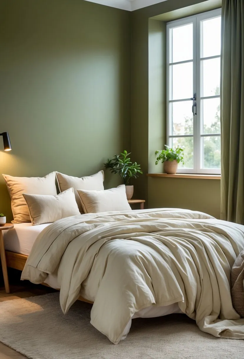 Olive Green Paired with Cream Bedding for Warmth
