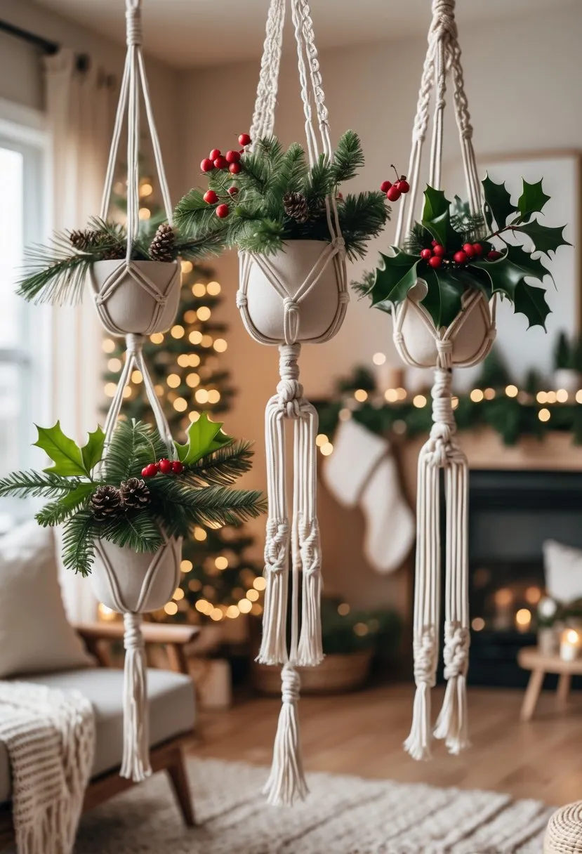 Macramé Plant Hangers with Seasonal Greenery