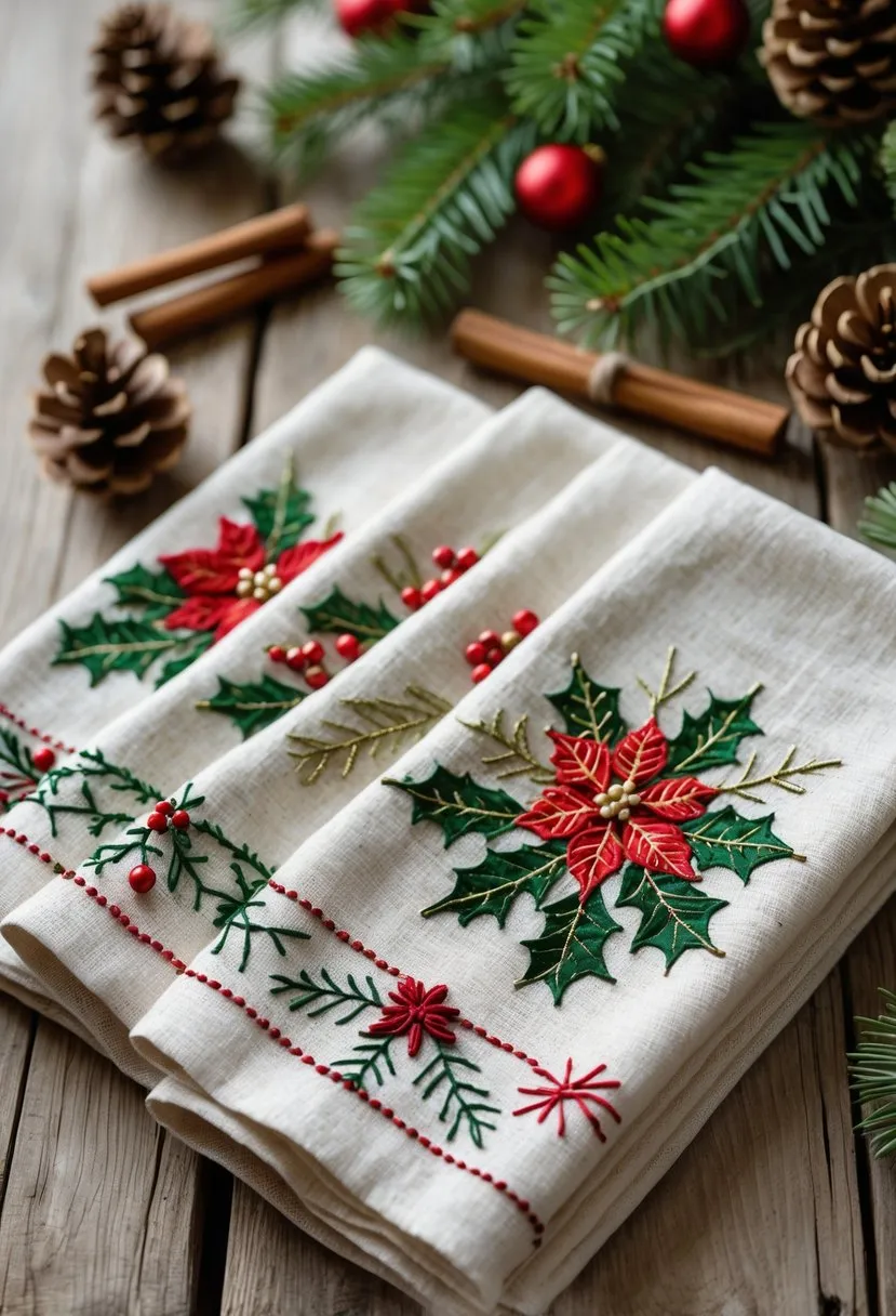 Embroidered Linen Napkins with Holiday Motifs