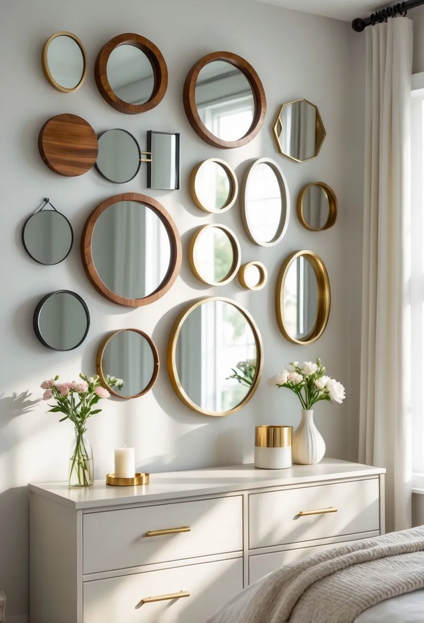 Gallery wall of assorted mirror shapes and sizes