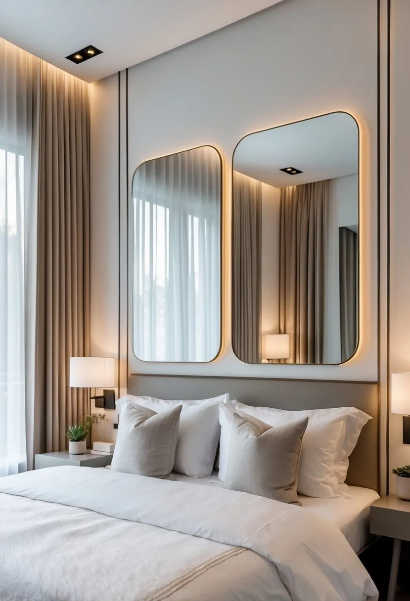 Pairs of wall mirrors flanking the bed