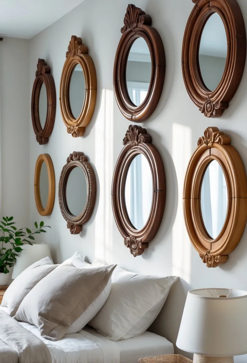 Oval mirrors with decorative wooden frames