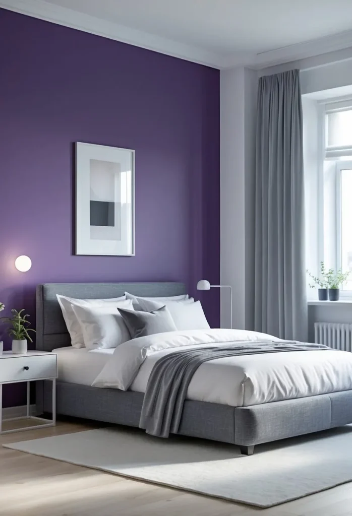 Deep purple accent wall paired with gray and white decor