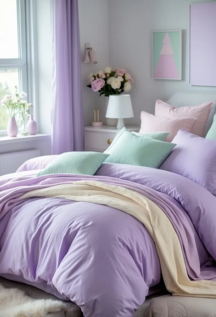 Lavender bedding with soft pastel accessories