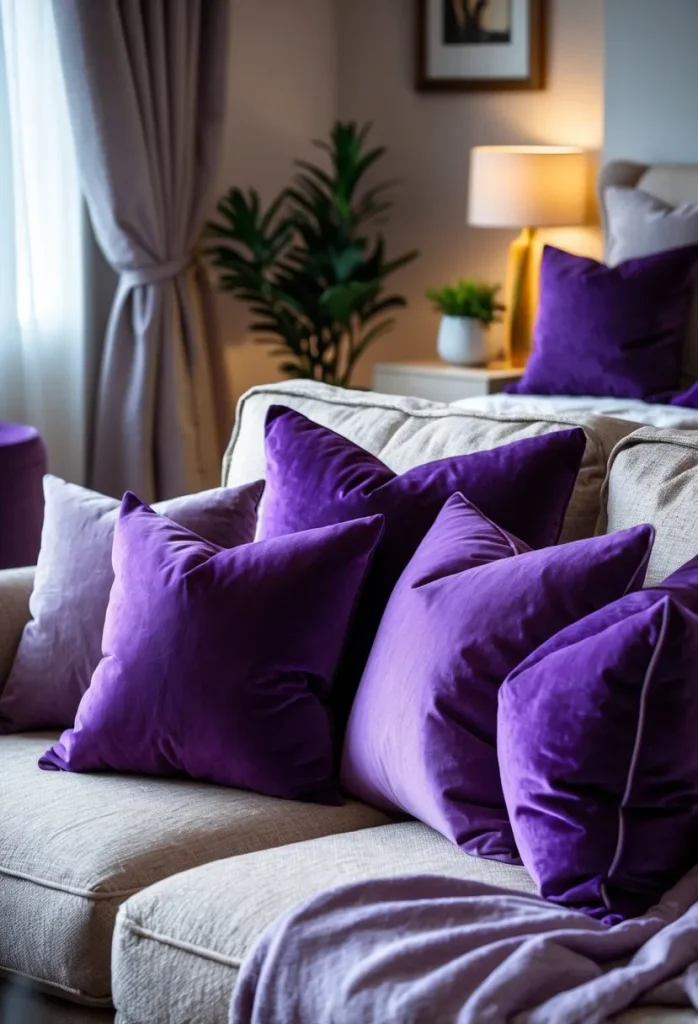 Amethyst throw pillows combined with beige furniture