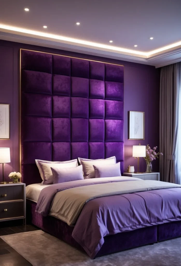 Purple velvet headboard for a luxurious touch