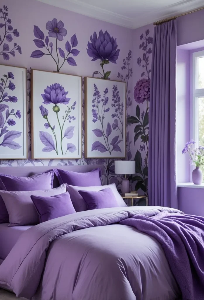 Incorporating violet botanical prints on the walls
