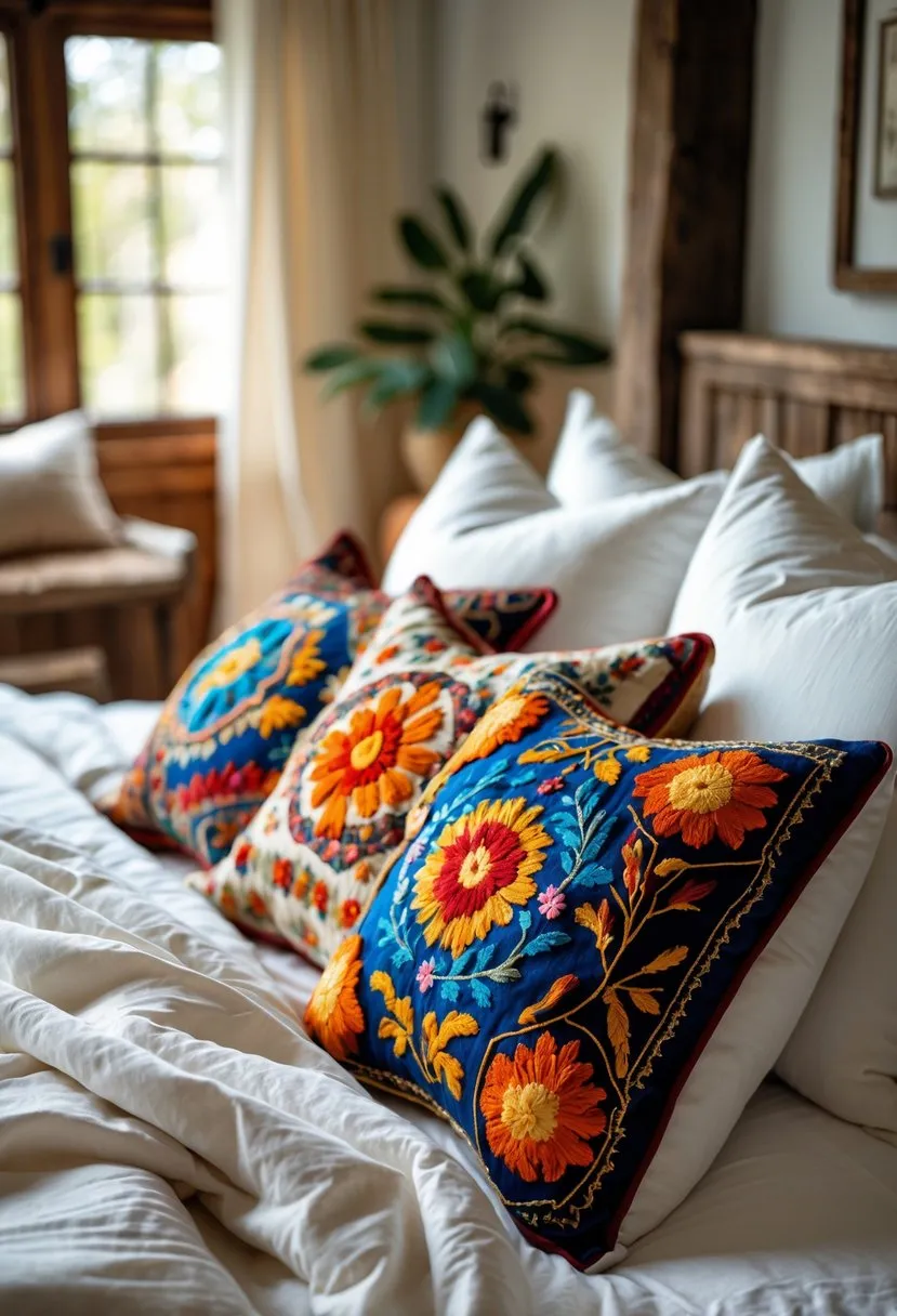 Colorful embroidered throw pillows