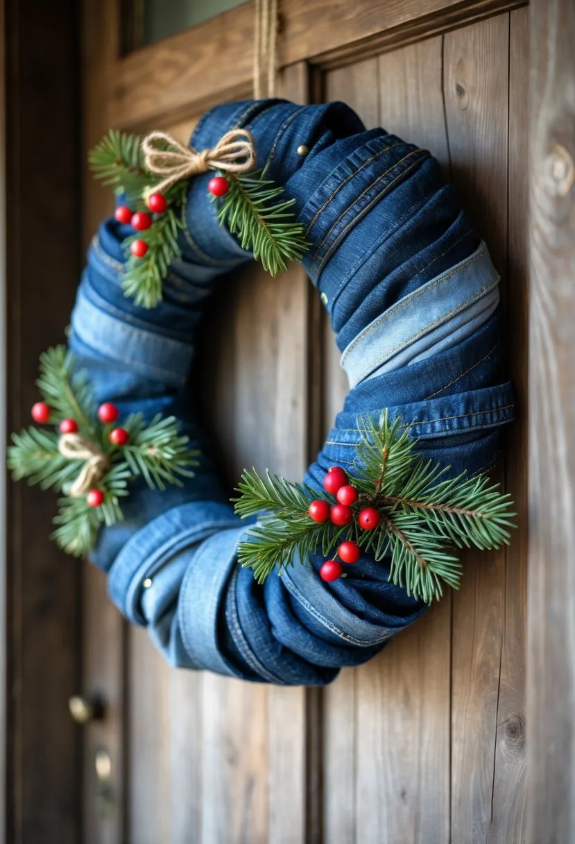 18 Upcycled Christmas Crafts to Turn Trash Into Beautiful Holiday Decor for Sustainable Festive Creativity 14 Upcycled Denim Christmas Wreath