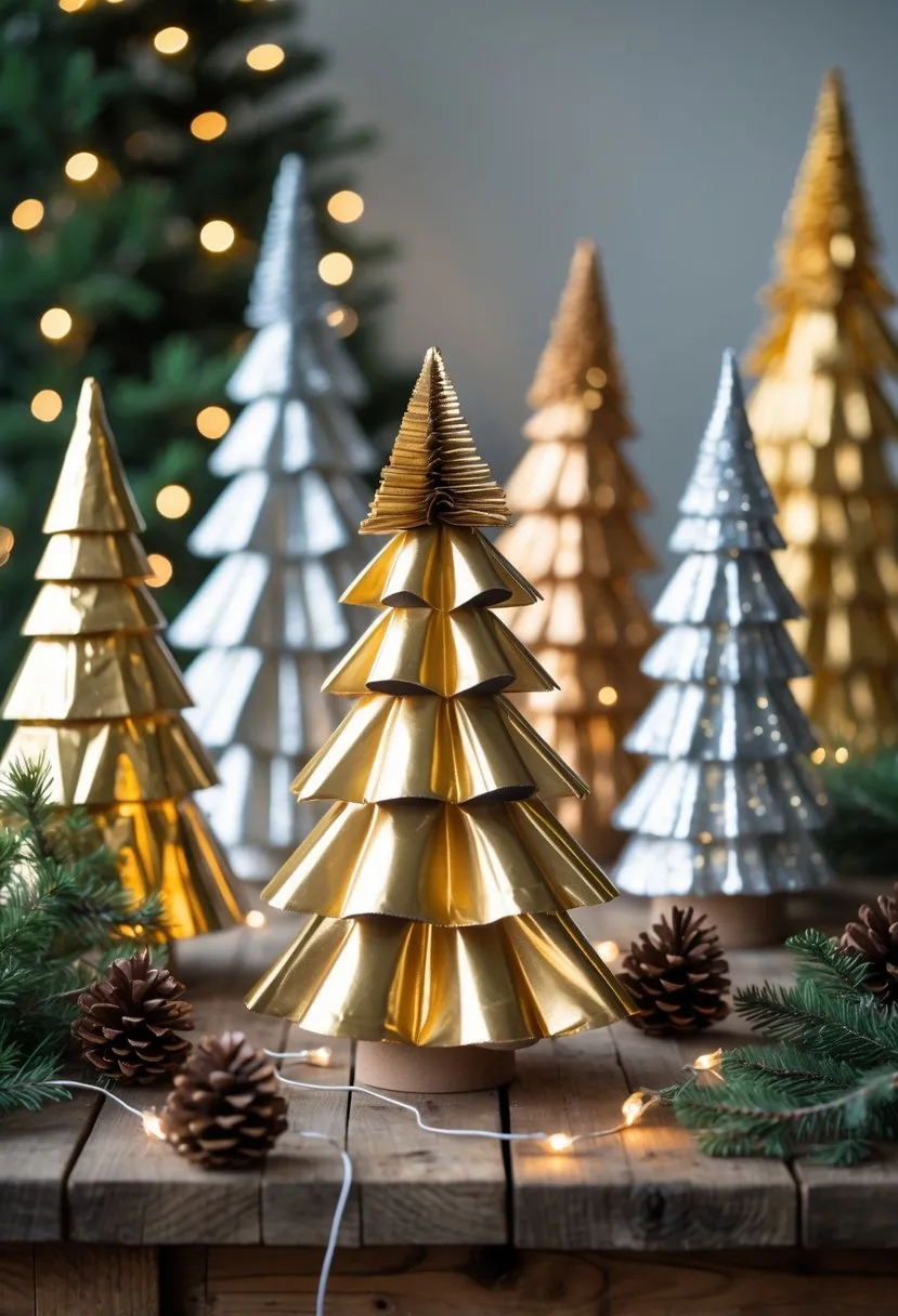 18 Upcycled Christmas Crafts to Turn Trash Into Beautiful Holiday Decor for Sustainable Festive Creativity 3 Cardboard Christmas Trees Painted in Metallic Colors