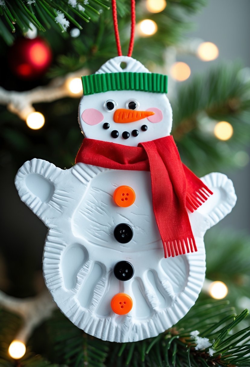 A handprint snowman Christmas ornament hanging on a pine tree branch with snow and fairy lights.