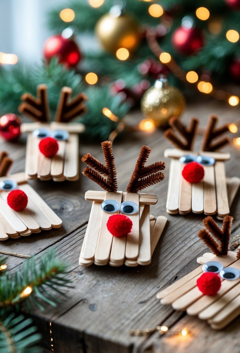 A group of handmade popsicle stick reindeer Christmas ornaments displayed on a wooden surface with festive decorations in the background.
