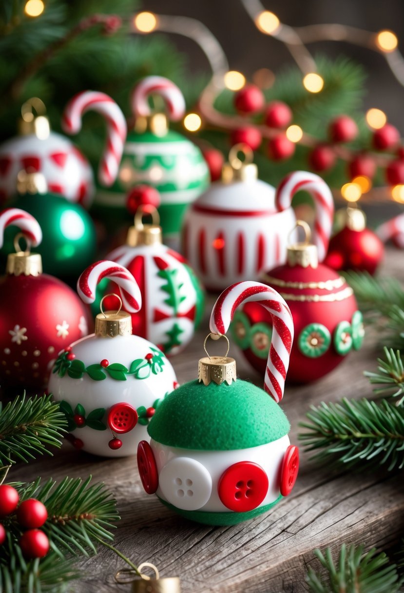 A collection of colorful Christmas ornaments including button candy cane decorations arranged on a wooden surface with pine branches and holiday lights.
