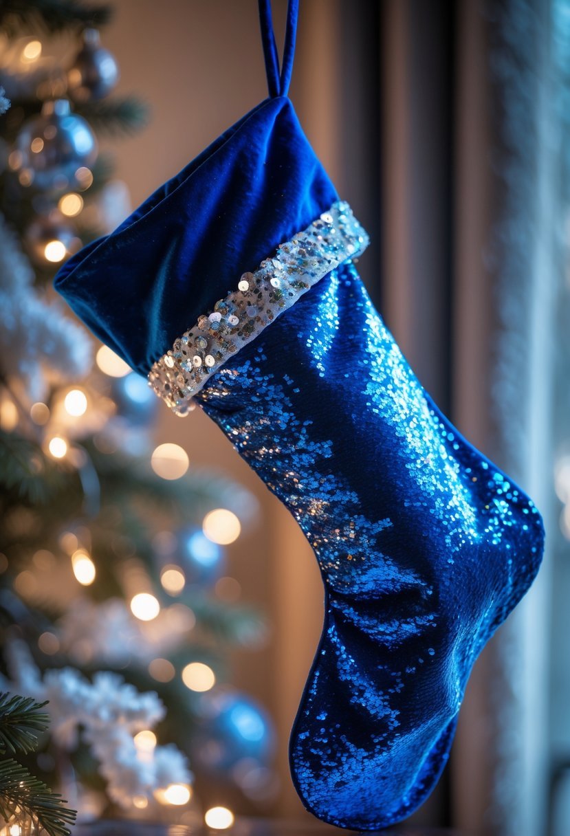 17 Creative Blue Christmas Stocking Ideas for Festive Home Decor 6 An electric blue Christmas stocking with sparkling sequin accents hanging against a softly lit festive background.