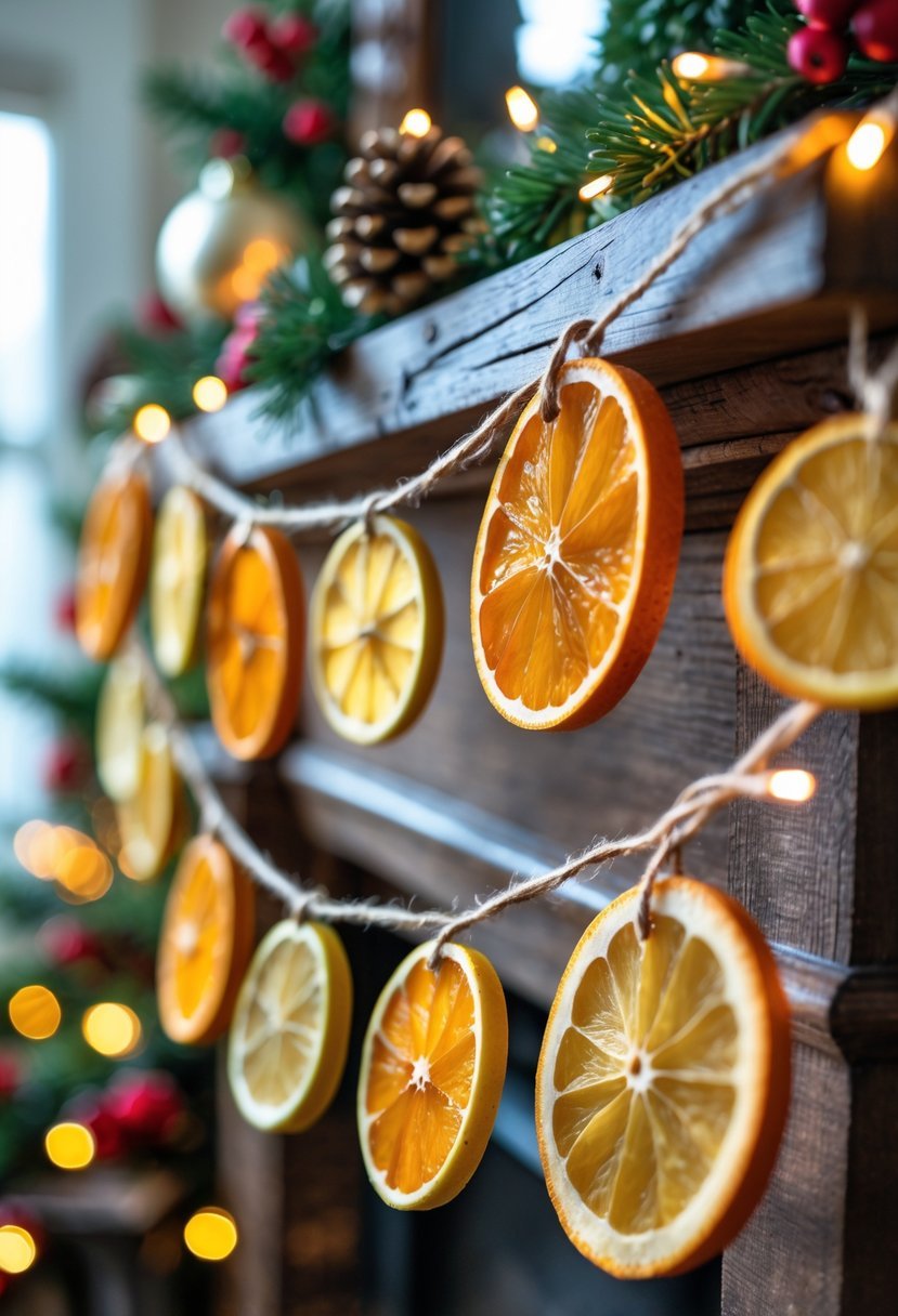 A dried citrus slice garland hanging on a wooden mantel decorated with greenery, pinecones, and warm lights for Christmas.