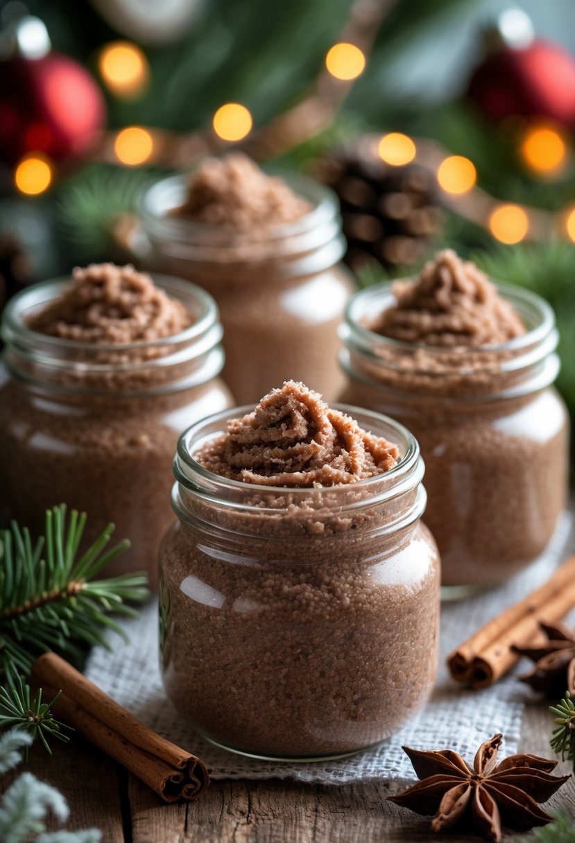Mason jars filled with whipped cocoa sugar scrub surrounded by holiday decorations on a wooden surface.