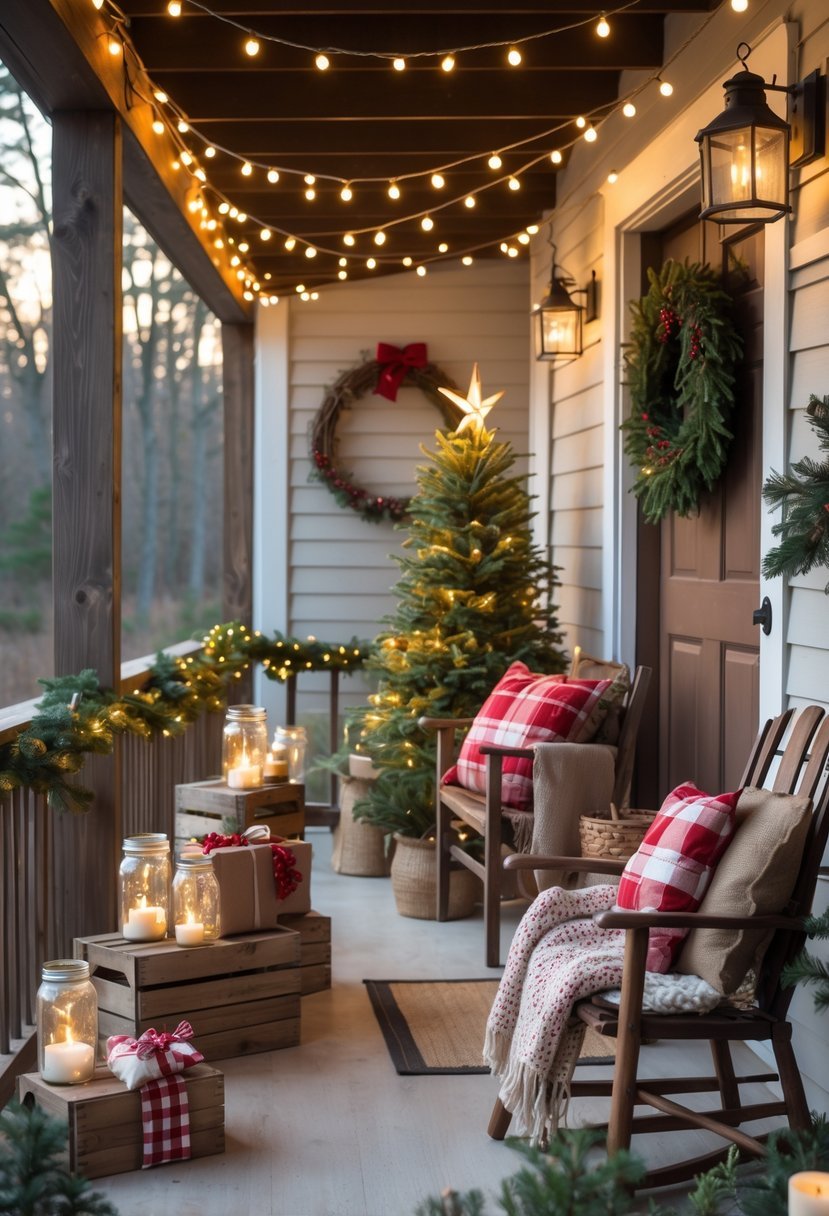 A front porch decorated with small Christmas decorations including lights, mini trees, pine cones, cushions, a lantern, a wreath, and wrapped gifts.