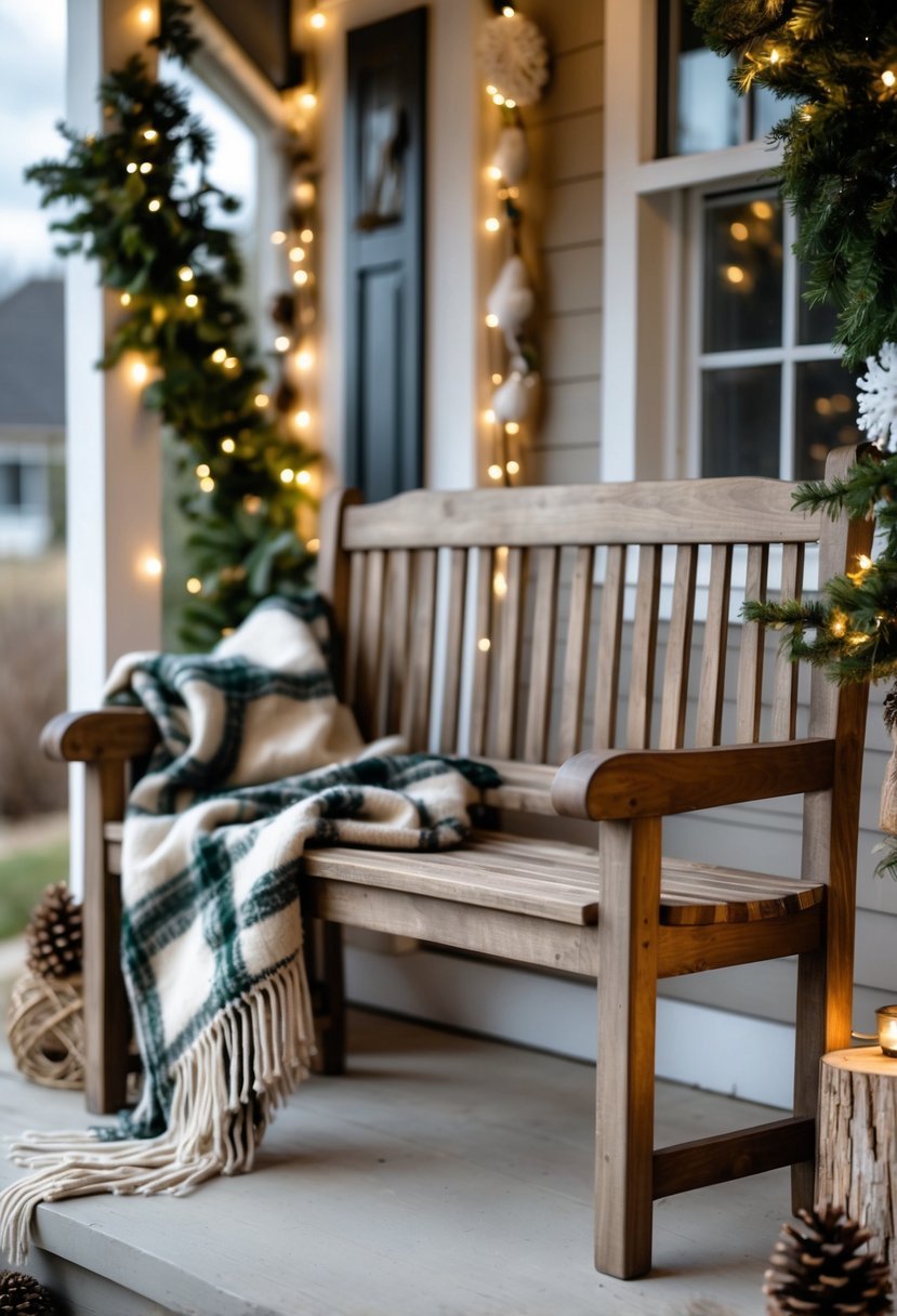 A rustic wooden bench on a front porch with a plaid wool blanket draped over it and Christmas decorations around.