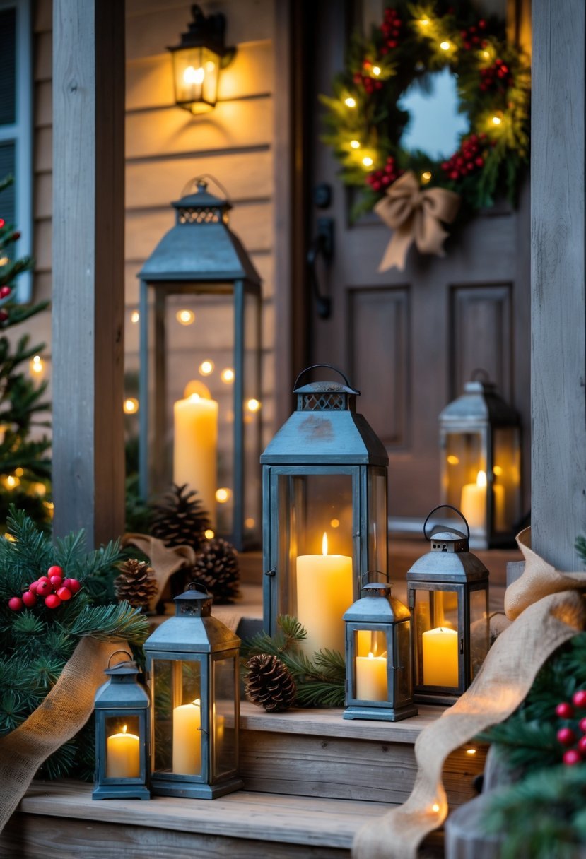 Front porch decorated with vintage metal lanterns holding glowing LED candles surrounded by pine cones and evergreen branches.