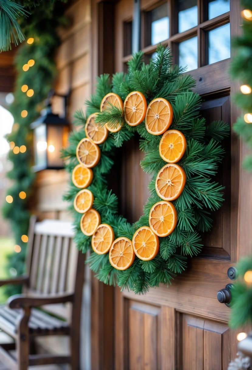 A pine wreath decorated with dried orange slices hanging on a wooden front door of a small porch with Christmas decorations.