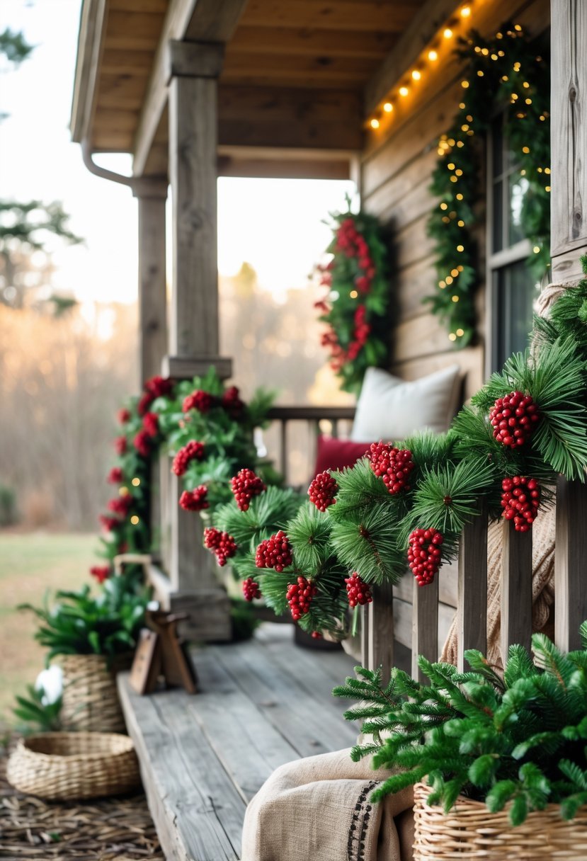 Front porch decorated with a pine cone garland and red berries hanging on a wooden railing.