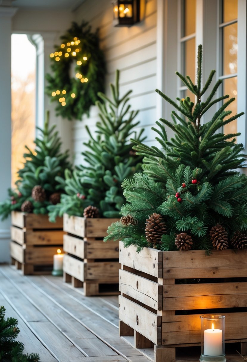 Wooden crate planters filled with evergreen branches arranged on a small front porch.