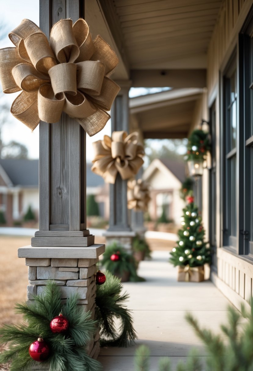 Front porch with large burlap bows tied around wooden pillars and subtle Christmas decorations.