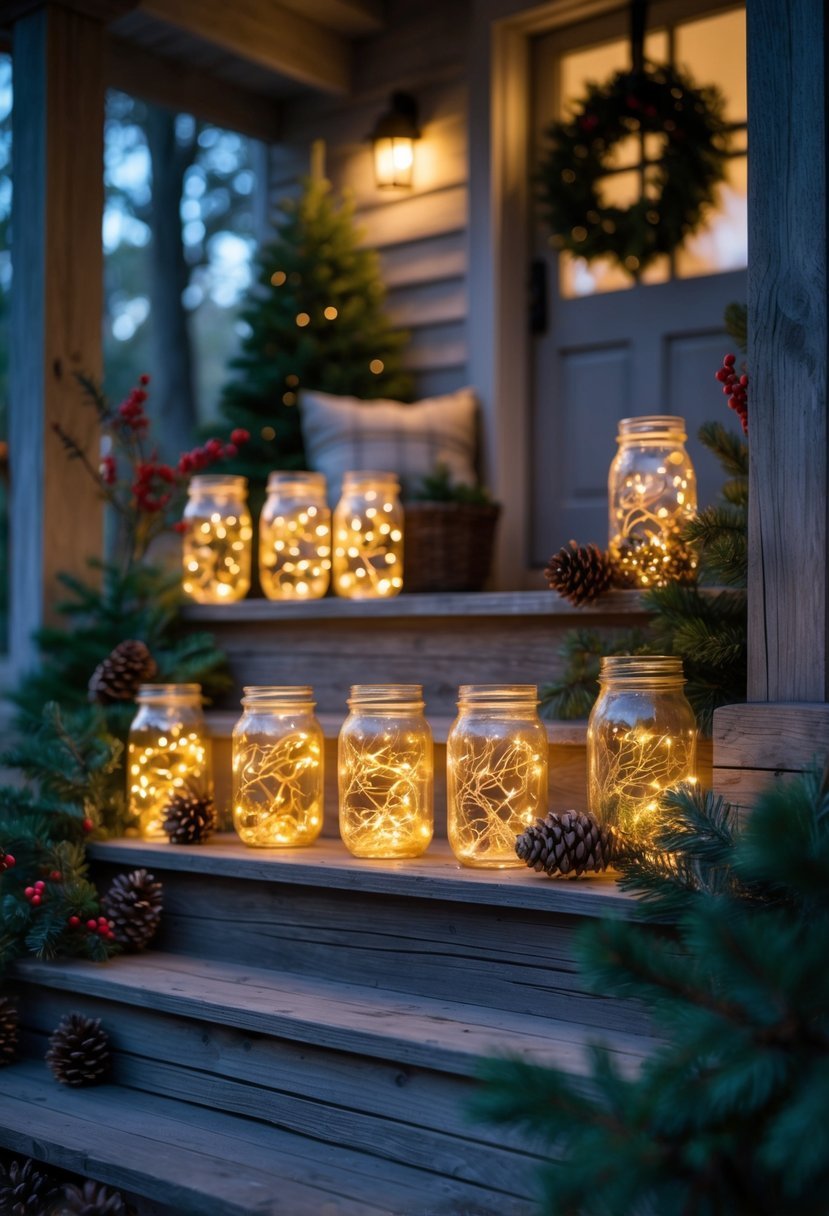 Mason jars filled with glowing fairy lights arranged on a front porch with pine cones and evergreen branches.
