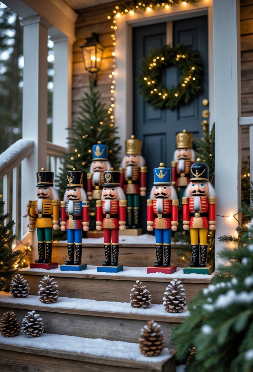A front porch decorated with twelve hand-painted nutcracker figurines, pine cones, evergreen branches, and warm white fairy lights.