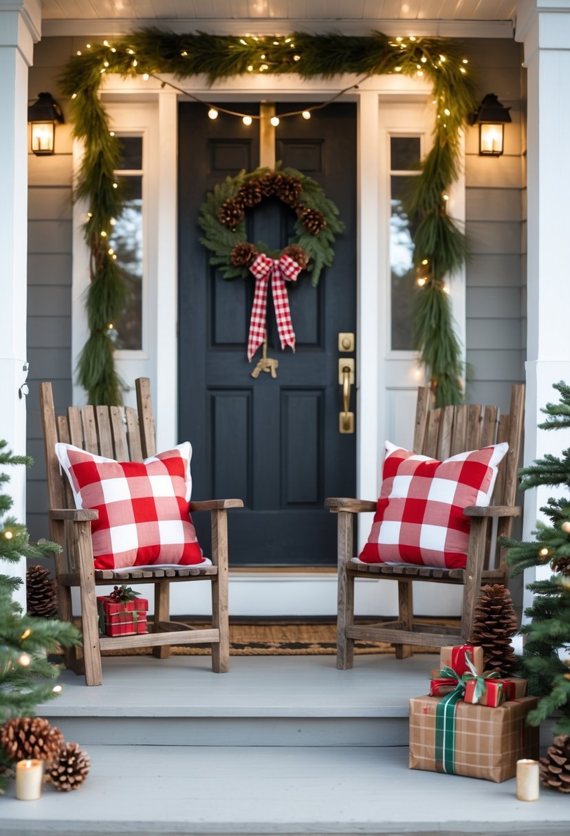 A small front porch decorated for Christmas with red and white check cushions on wooden chairs, pine garlands, string lights, and wrapped gifts.