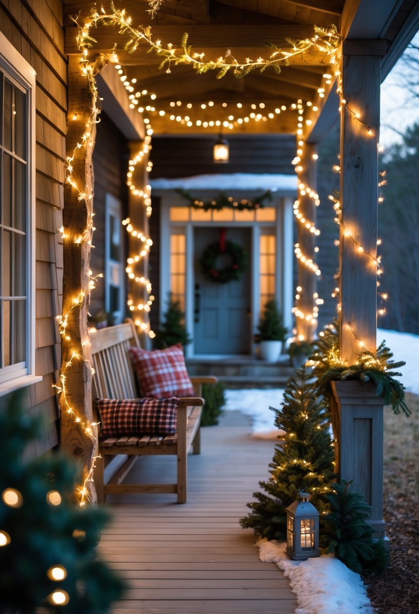 A front porch decorated with twinkling string lights wrapped around wooden banisters and festive greenery.