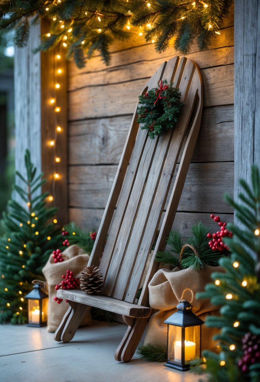 A rustic wooden sled leaning against a wall with Christmas decorations including pinecones, evergreen branches, and string lights arranged around it.