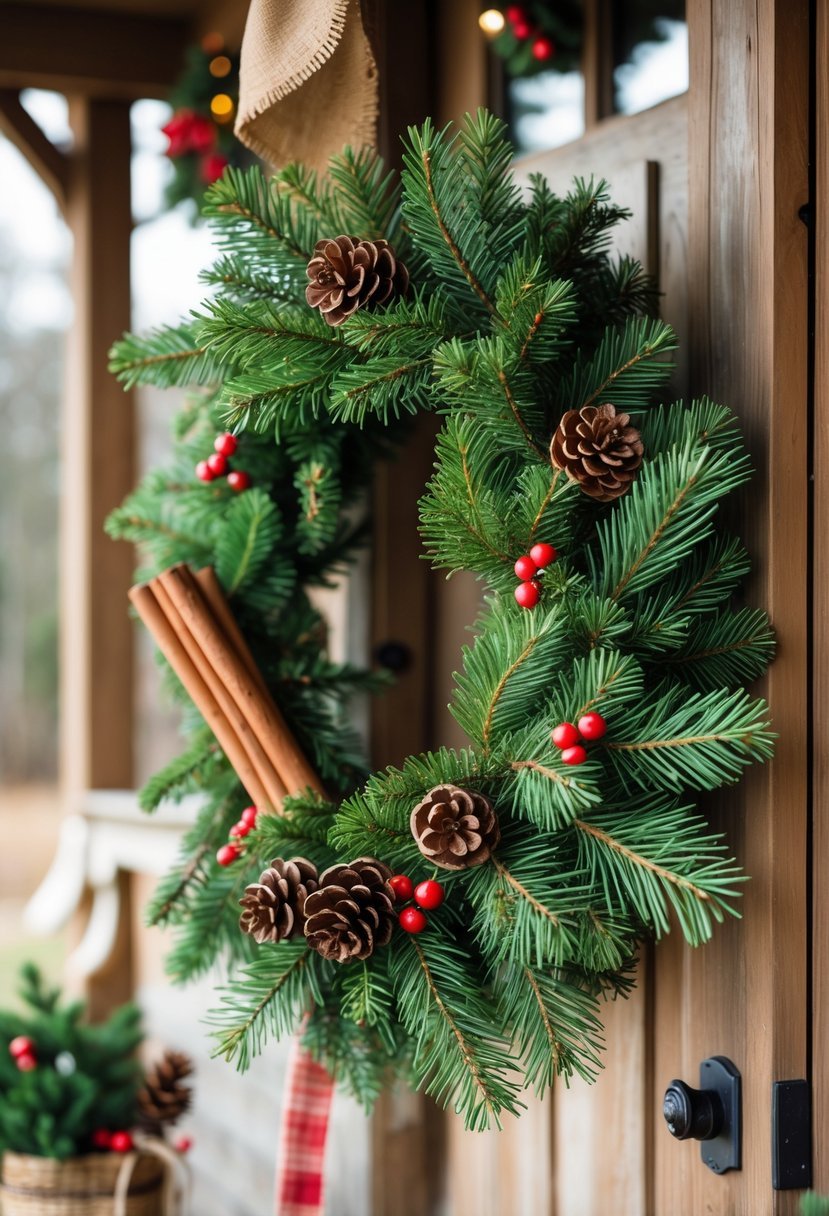 A natural evergreen swag decorated with cinnamon sticks and pine cones on a wooden front porch.