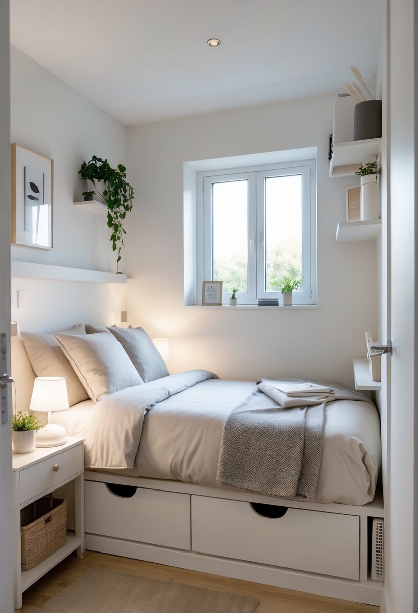 A small double bedroom with a neatly made bed, bedside table, window, and simple decor.